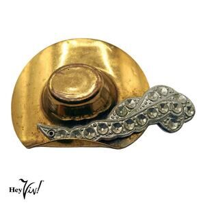 Vintage Gold Hat w Feather Brooch 2" Collectible Costume Jewelry Pin - Hey Viv